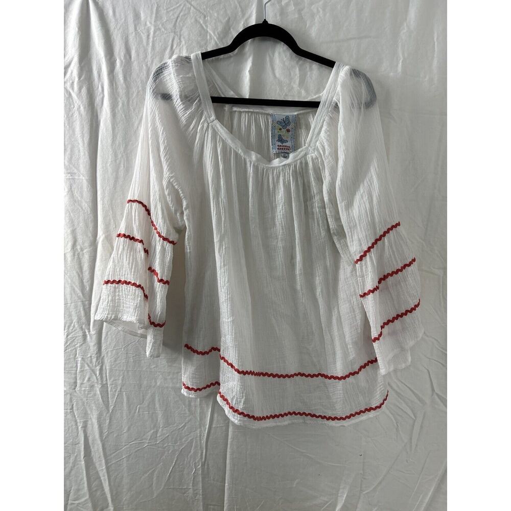 Grand & Greene Womens Blouse Embroidered Semi-Sheer Boho Bohemian Size M Hippie